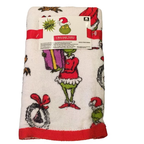 Dr Seuss How the Grinch Stole Christmas White Hand Towels Set of 2 - Picture 1 of 3